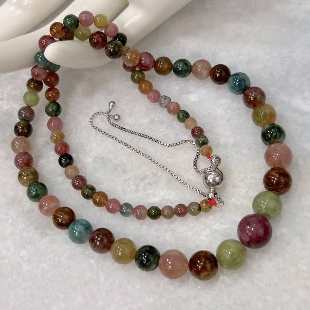 Multi Tourmaline Beaded Sterling Silver Magnetic Clasp BOLO Necklace
